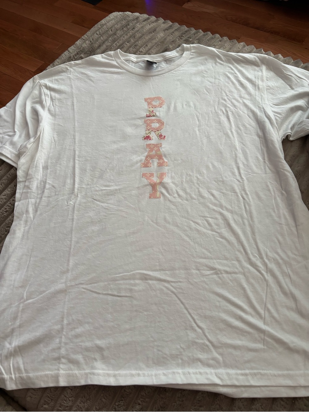 Small Business White Short-Sleeve Tee with Vertical Pale Pink Patchwork “PRAY”